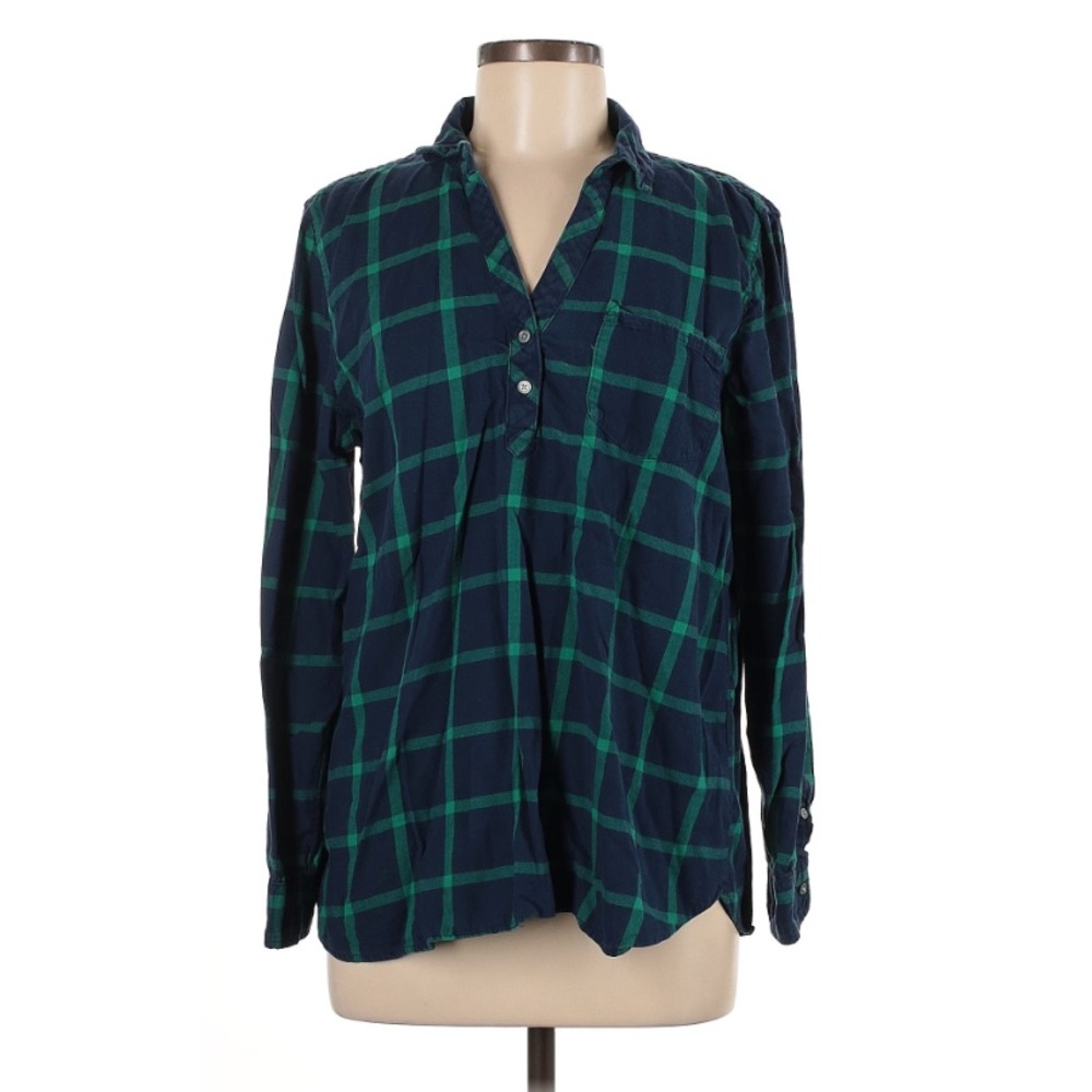 J. Crew Navy and Teal Women’s Checkered Shirt - Large